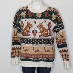 Novelty Green Brown Fall Squirrel Thanksgiving Sweater M